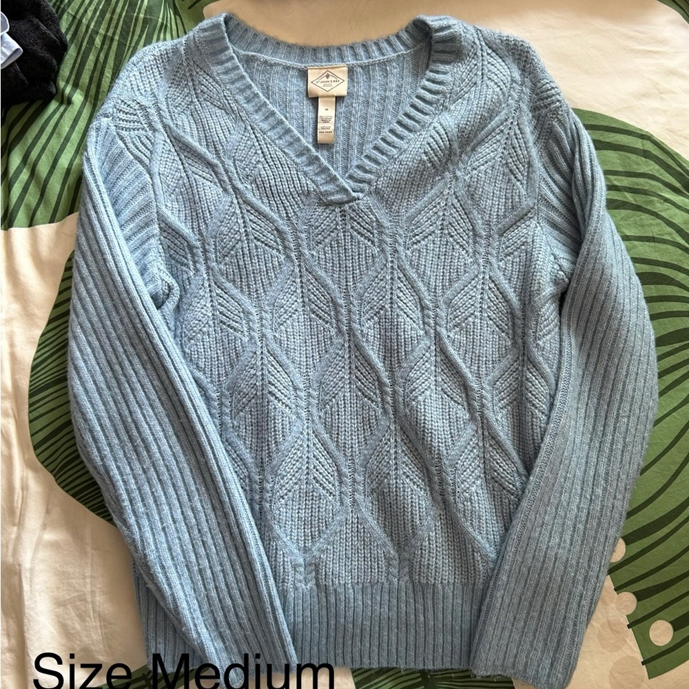 Blue V-Neck Cable Knit Sweater